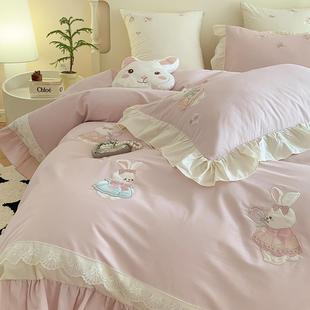 秋冬少女花园兔100S加厚全棉磨毛四件套儿童纯棉床单被套床上用品