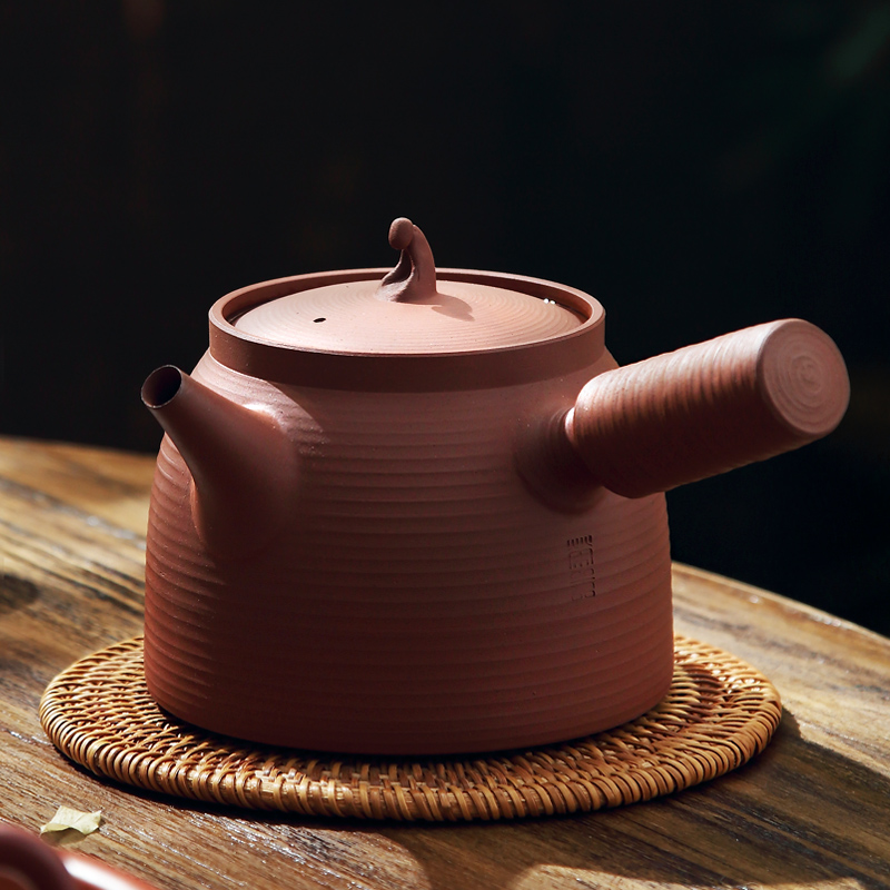 林湘荣薄胎手拉红泥砂铫电陶炉炭炉侧把烧水陶壶卡盖玉书煨煮茶器