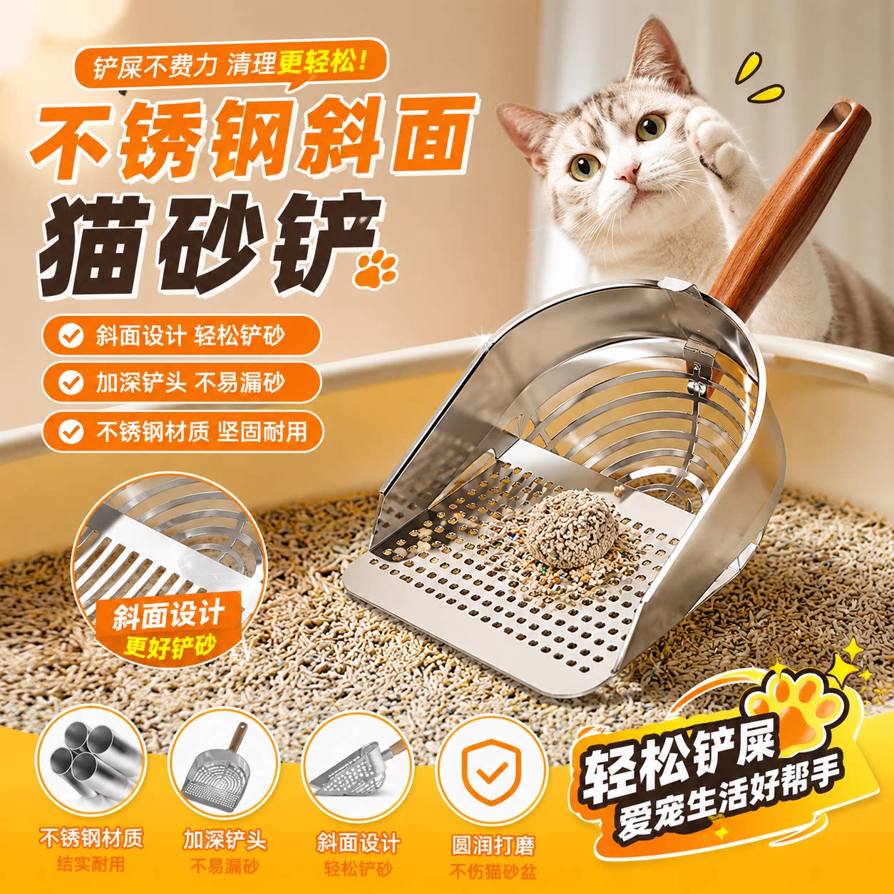 不锈钢细孔大号猫砂铲豆腐矿砂