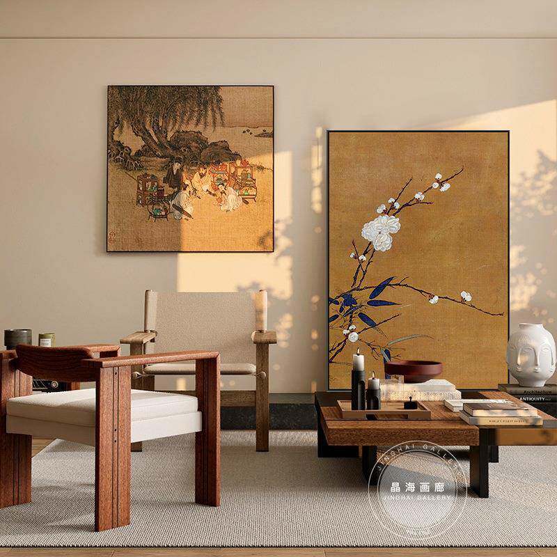 新中式书房茶室艺术装饰画名古画柳荫品茶民宿壁画简约艺术挂画