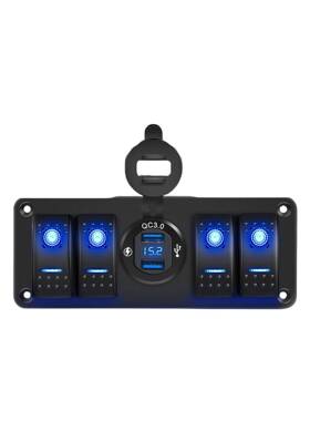 4位改装车船型开关面板蓝色5P翘板开关带QC3.0车载充电器