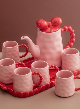 红色备婚杯子套装家用待客陶瓷泡茶壶茶杯乔迁新婚礼物水杯水具