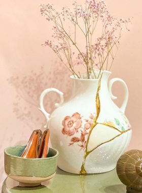 SELE白色拼接金缮陶瓷花瓶24K金中古轻奢餐桌Q创意礼物插水培花器