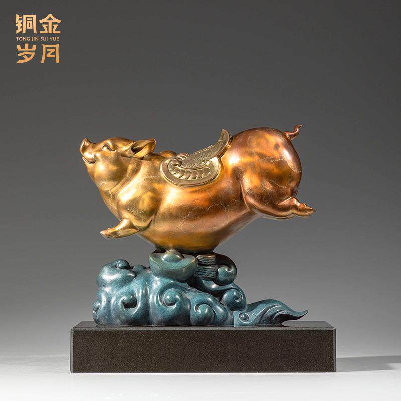 铜艺坊飞猪献瑞黄铜猪摆件富足猪福字生肖猪家居客厅乔迁送礼铜器