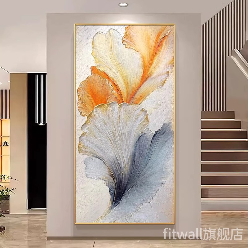 幸福花伴手绘油画银杏叶奶油风玄关装饰画走廊尽头挂画肌理画大幅