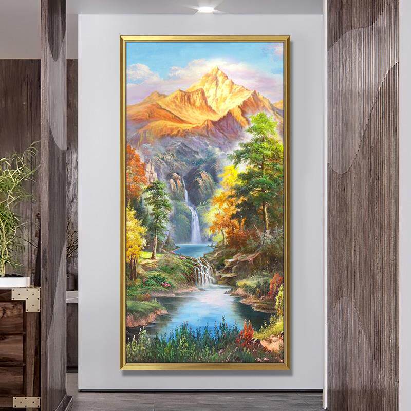 玄关装饰画山水聚宝盆纯手绘油画风景金山入户走廊竖版立体挂画壁