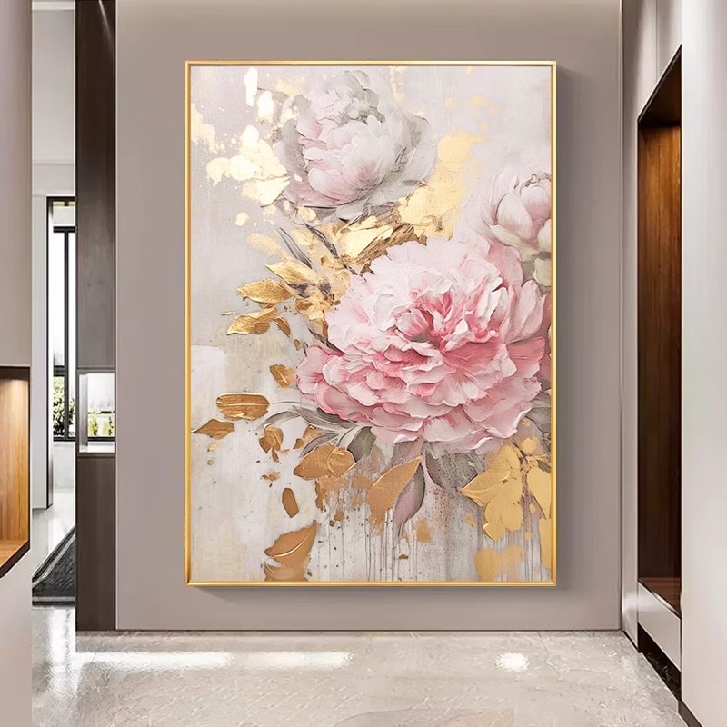 手绘油画富贵牡丹玄关装饰画现代轻奢客厅背景墙大幅餐厅挂画