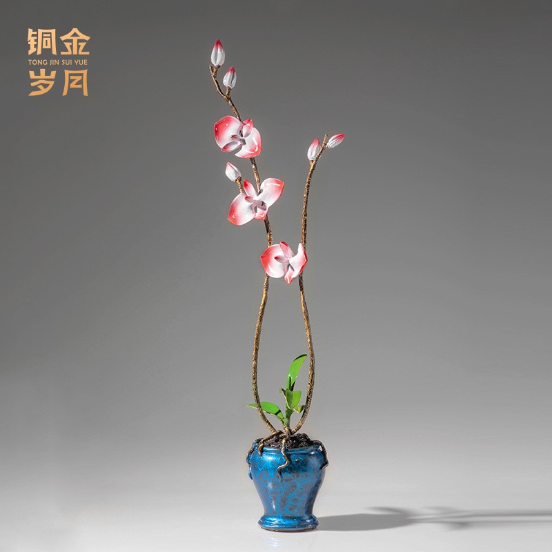 铜艺坊蝴蝶兰花彩铜摆件创意家居仿真花朵花卉盆景黄铜工艺品摆件