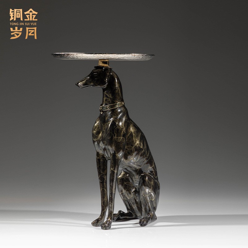 铜艺坊灵缇犬托盘落地铜摆件黄铜狗狗客厅玄关新中式落地铜器装饰图片