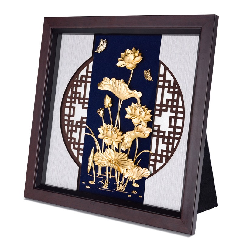 现代简约新中式风荷花立体金箔装饰画乔迁新居实用礼品莲花装饰画