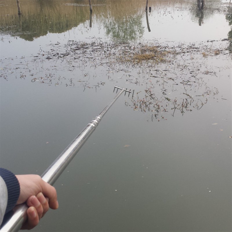 不锈钢加厚5齿6齿耙子 7型金属水草F钩5米7米加长伸缩抄网杆取物