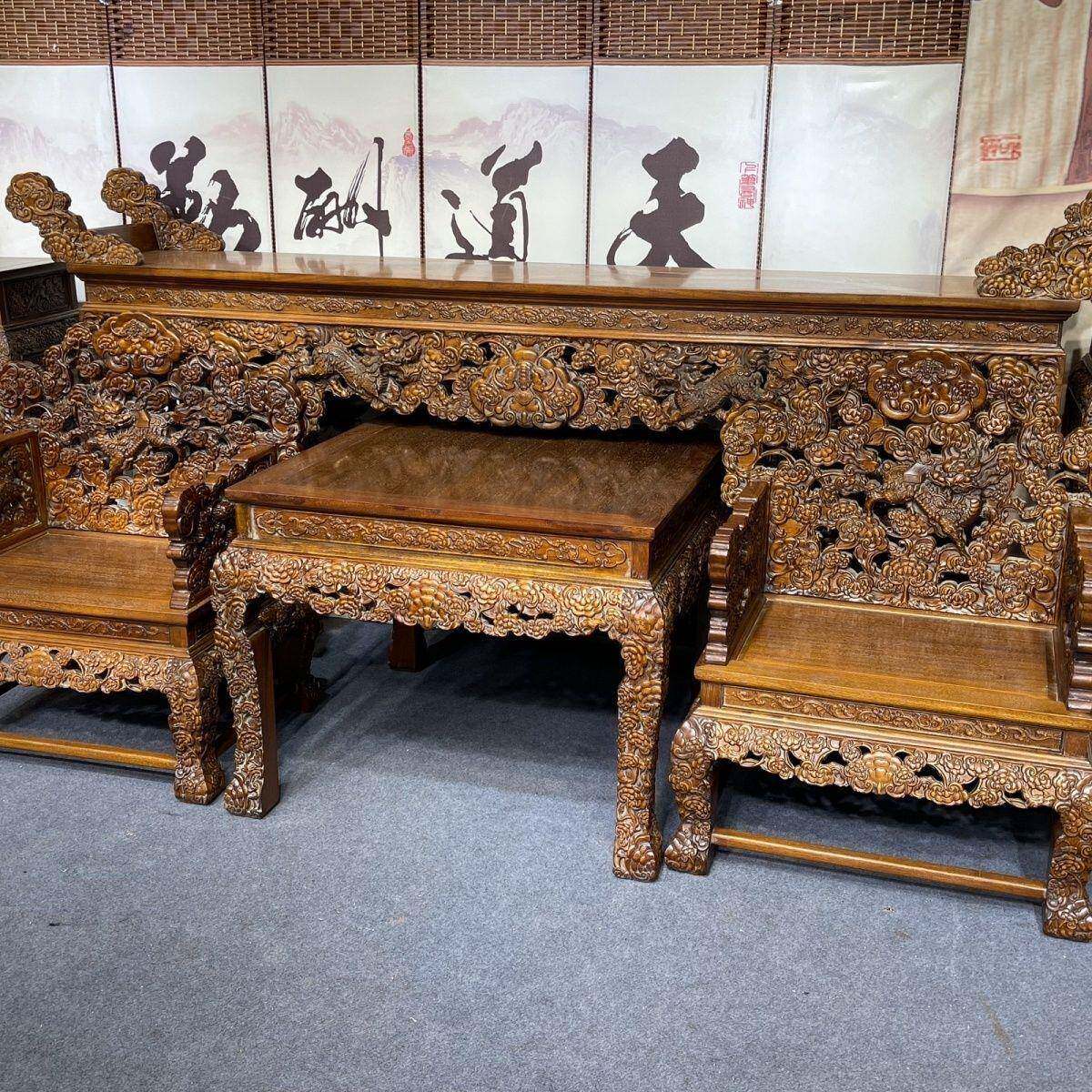 花梨木中堂六件套明清款仿古做旧客厅中式古典长方形雕花雕刻供桌