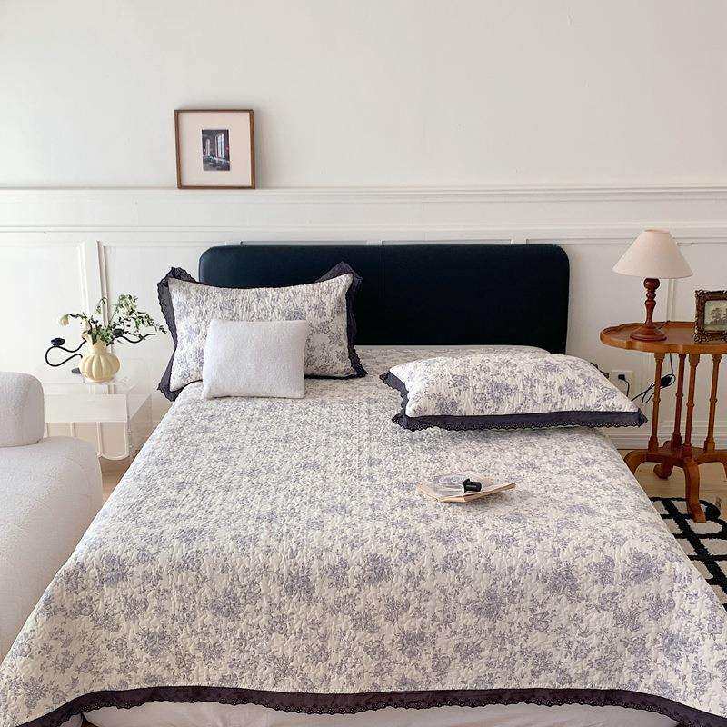 法式碎花全棉花边绗缝床盖三件套纯棉双人可机洗夹棉防滑床单