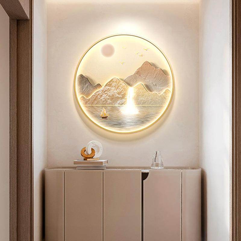 新中式山水圆形玄关装饰画现代轻奢高级感挂画入户正对门壁画灯,金属材料及制品,金属加工件/五金加工件,淘宝优惠券,粉丝福利购,淘宝优惠卷