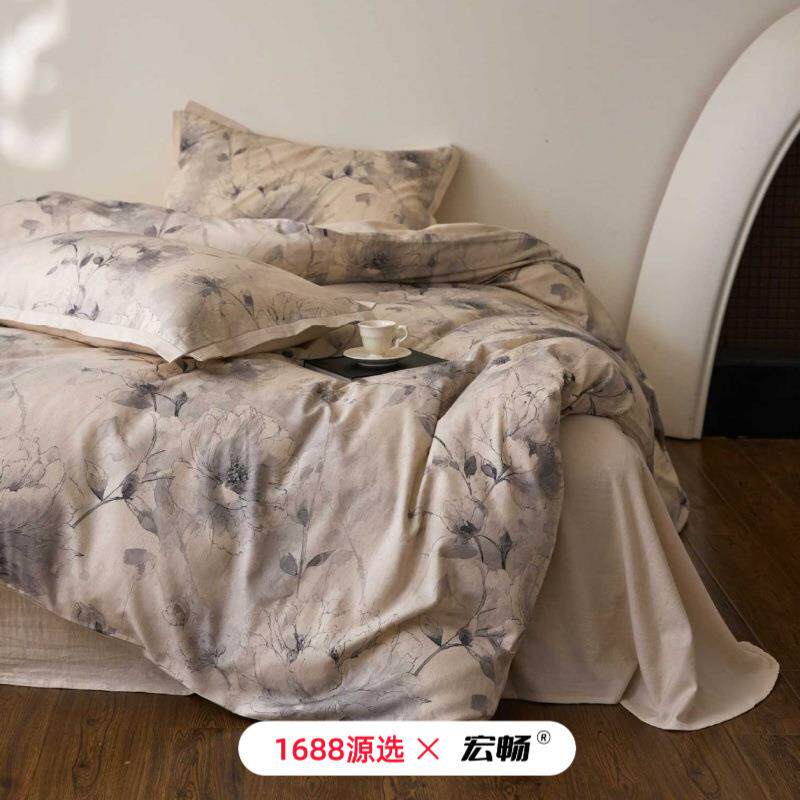 100支中式复古风棉麻四件套花卉数码印花亚麻被套超柔裸睡床品