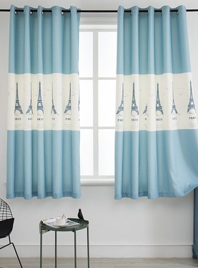2020新款卧室遮光短帘淡蓝色铁塔房间宿舍N出租屋时尚简约百搭窗