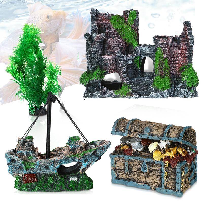 爬宠塑料植物鱼缸装饰摆件水族箱装饰仿真水草树脂船城堡组合套装