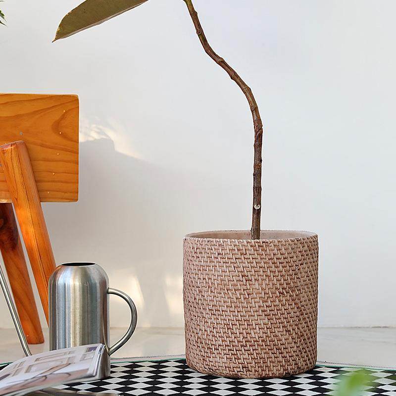 羊毛纹编织陶盆套盆落地绿植盆器龟背竹田园风创意个性水泥花盆