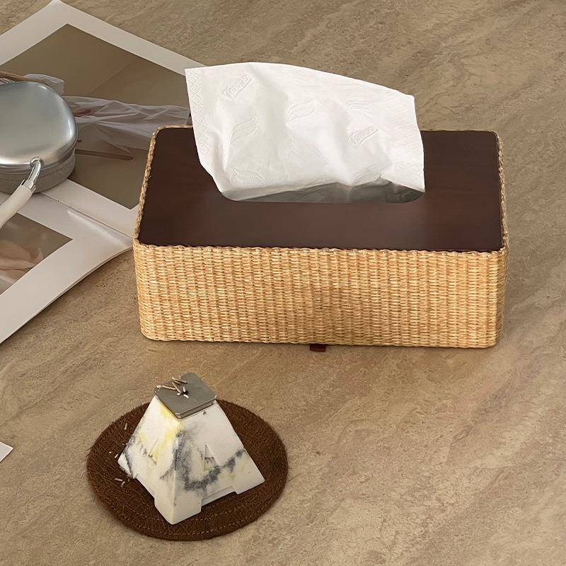 藤编中古风复古创意木质纸巾盒客厅高档轻奢家用餐桌抽纸盒纸抽盒