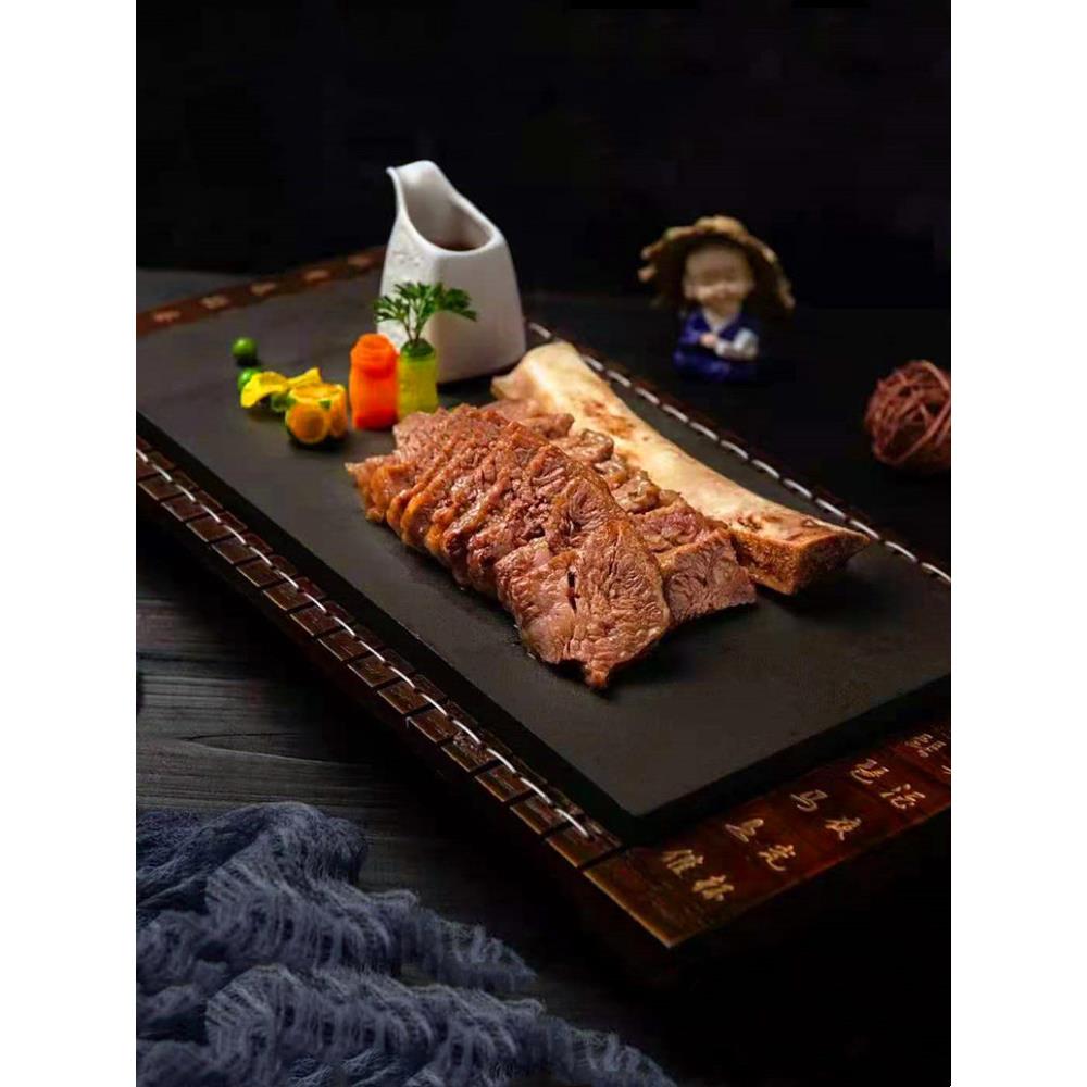 中式长方乌金石板平盘特色酒店用装牛肋骨意境菜创意厨师比赛餐具