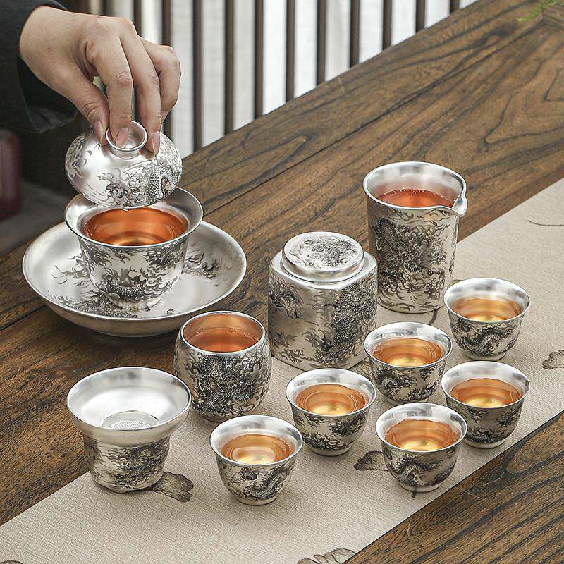 轻奢高档鎏银茶具套装银上作画龙凤茶杯子盖碗套组养生茶杯整套组