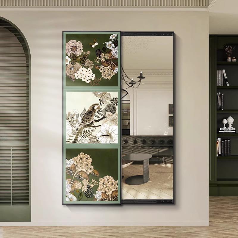 中古风镜子装饰画推拉式全身镜卧室挂画穿衣镜可遮挡玄关带镜子画