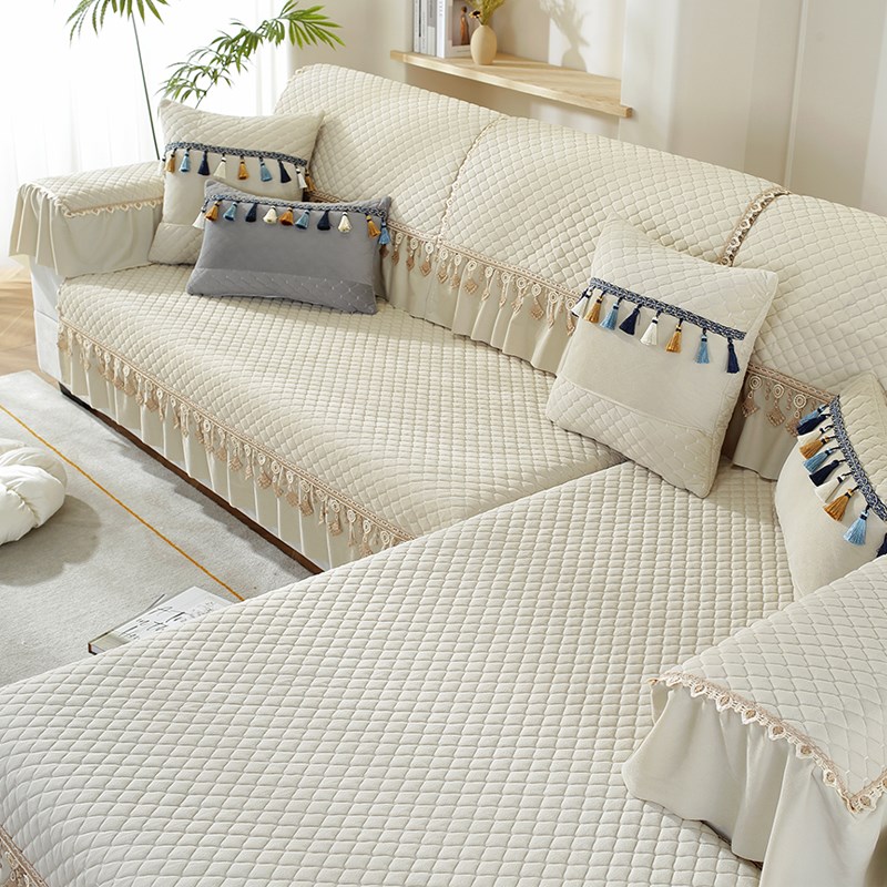 纯色水晶绒沙发垫米白色四季通用欧式裙摆防滑垫套罩贵妃全包定做
