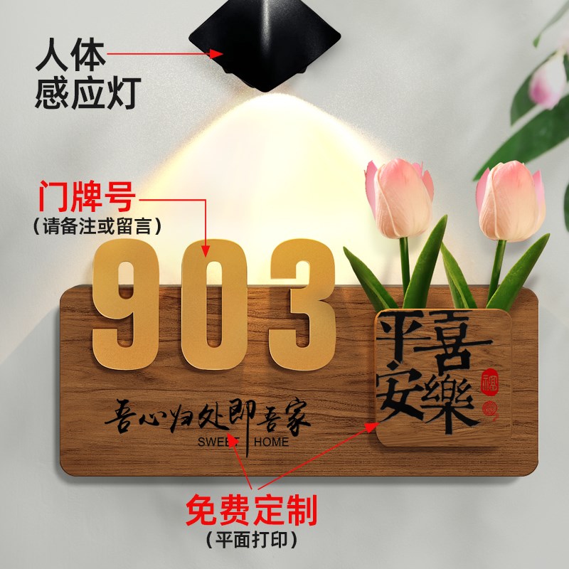 门牌轻奢创意入户门口门牌号家用自粘新款发光感应灯插花门牌包厢