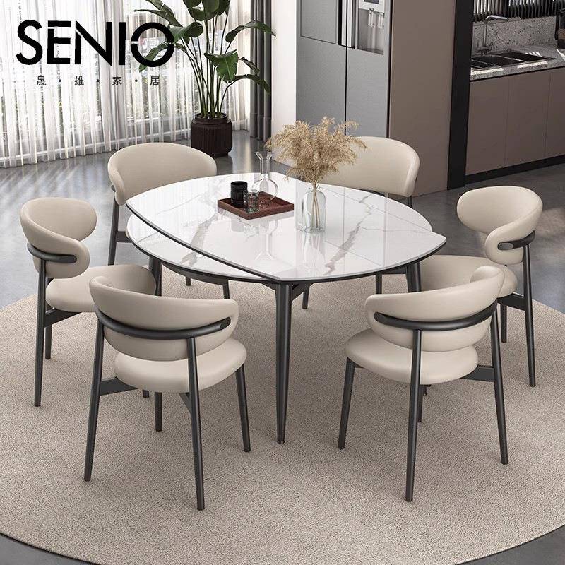 实木餐桌现代简约伸缩餐桌椅组合可变圆桌方圆两用亮光岩板餐桌