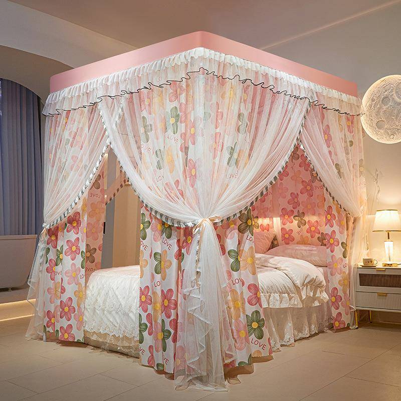 四季款三开门宫廷式落地床幔蚊帐加密加厚帐纱家用单双人蚊帐