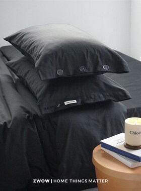 造卧zwow贡缎长绒棉纽扣刺绣黑色禁欲系冷淡风酷女孩男生四件套