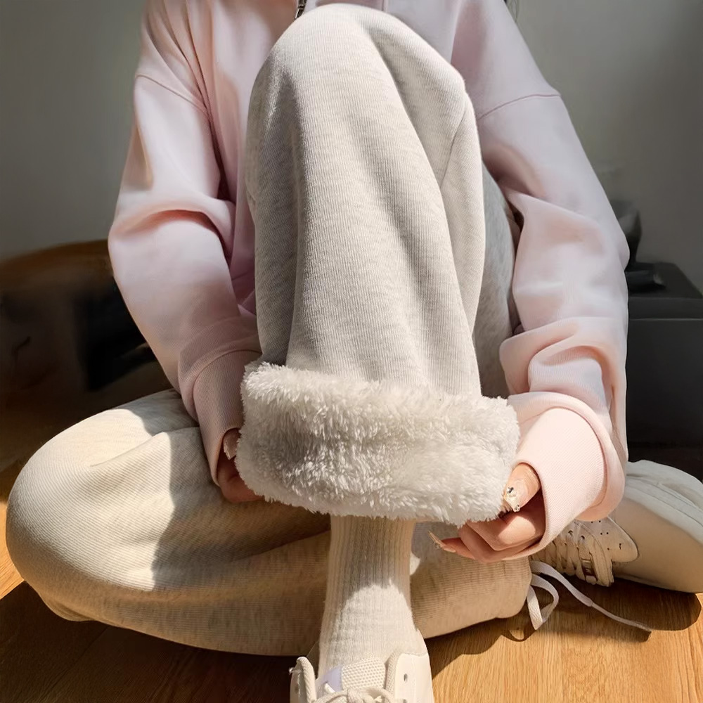 灰色羊羔绒运动裤女秋冬宽