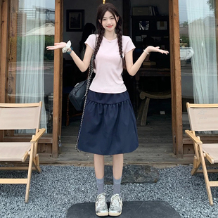 藏青色半身裙女2026年春夏薄款小个子遮胯休闲简约百搭日系半身裙