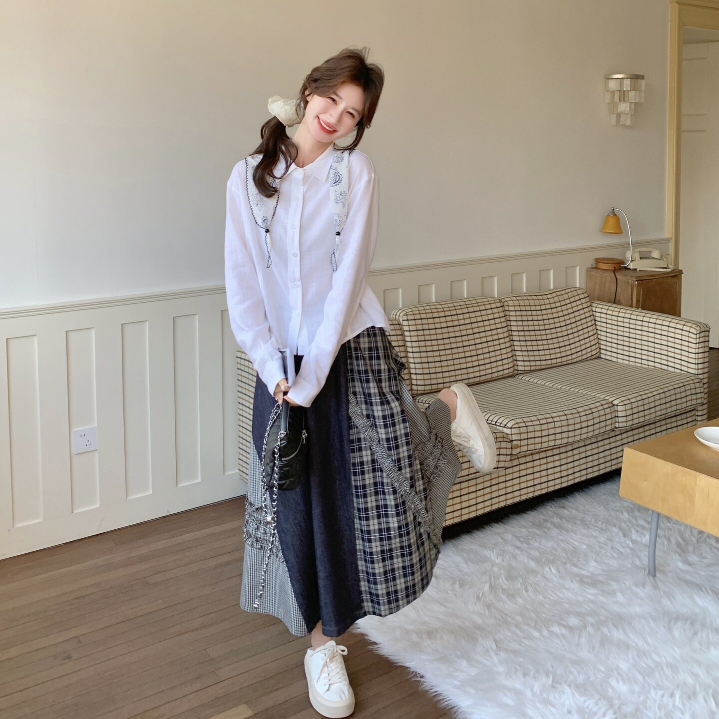 刺绣衬衫格纹半身裙两件套女2026春季新款简约显瘦高级感气质套装