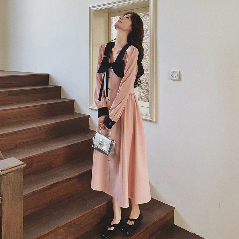 法式减龄长袖衬衫连衣裙女2026早春新款甜美撞色拼接优雅减龄长裙