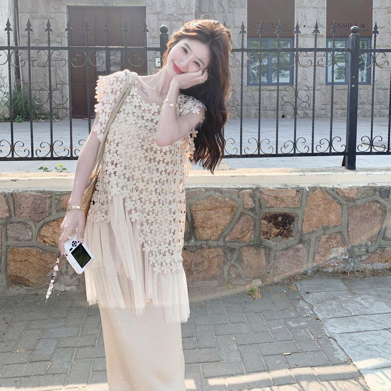 镂空罩衫叠穿吊带连衣裙两件套装女夏巨好看高级感海边度假沙滩裙