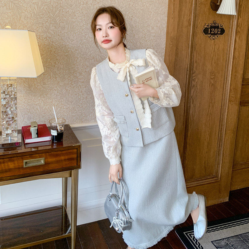 甜美穿搭法式蕾丝上衣小香风马甲遮肉显瘦流苏半身裙三件套女春新,女装/女士精品,大码套装,淘宝优惠券,粉丝福利购,淘宝优惠卷