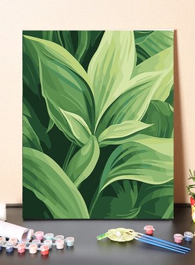 数字油画diy填充简约现代手绘绿色树叶装饰挂画手工填色油彩画画