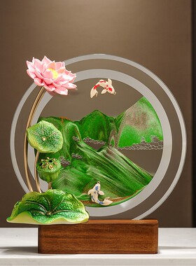 荷花流沙画摆件高档客厅书房博古架酒柜装饰品办公室乔迁新居礼品