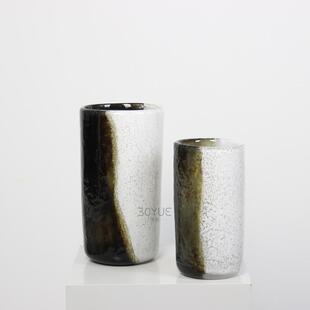 新中式水墨拼色圆桶琉璃花器样板间酒店餐厅茶几桌面鲜花家居摆件