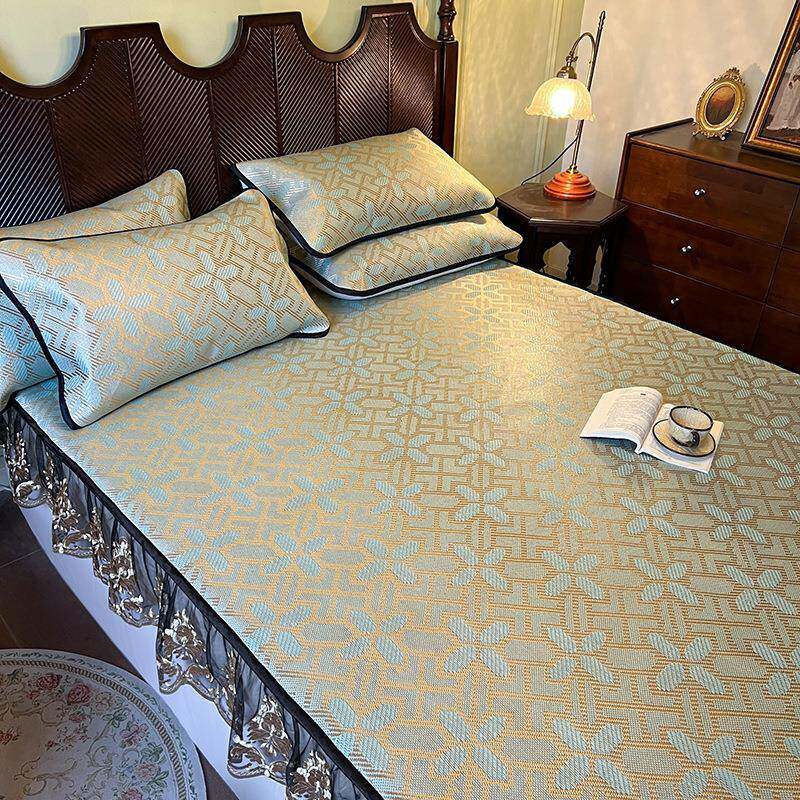 夏季新款轻奢舒适小清新家用床上用品床笠款冰藤席床席枕套三件套