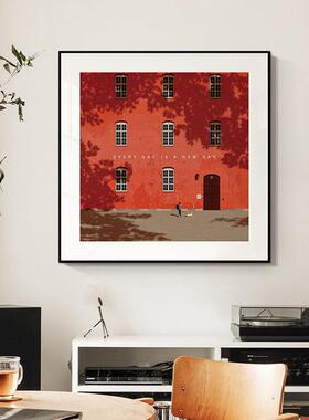 Every day is a new day极简装饰画红色建筑小众艺术客厅卧室挂画