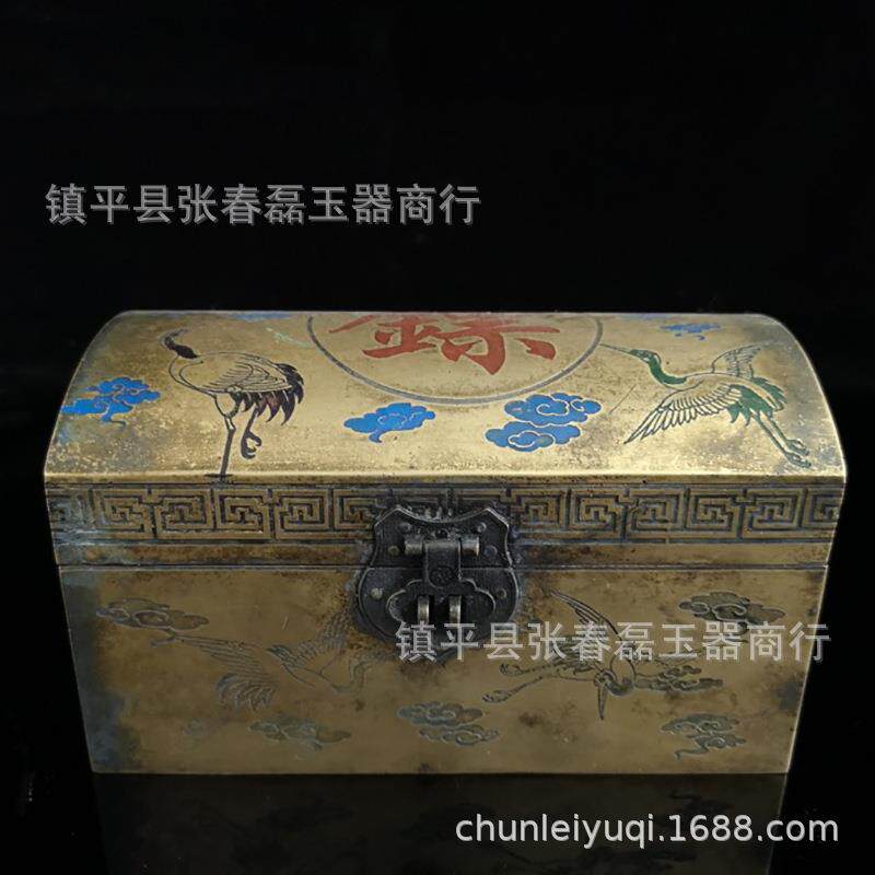 古玩杂项仿古做旧精工雕花祥云鹤老铜首饰盒摆件工艺品铜器