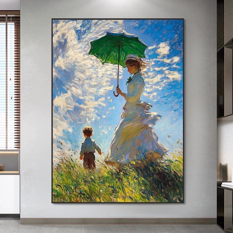 手绘油画莫奈名画撑阳伞的女子玄关装饰画客厅沙发背景墙肌理挂画