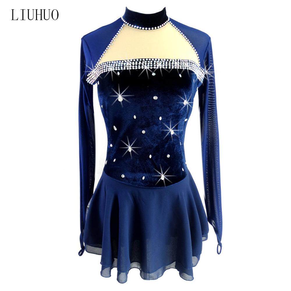 LIUHUO花样滑冰演出服比赛服成人儿童高端溜冰服蓝色短裙滑雪