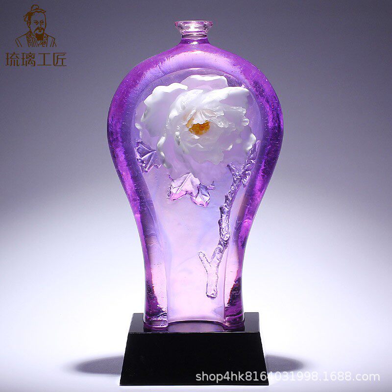 紫色牡丹花粉烧淄博琉璃艺术品瓶子摆件高档中国风新房子乔迁礼物