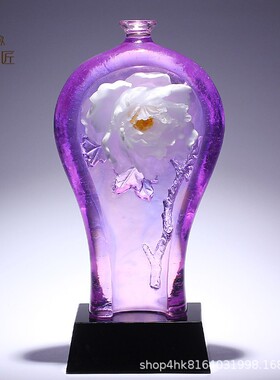 紫色牡丹花粉烧淄博琉璃艺术品瓶子摆件高档中国风新房子乔迁礼物