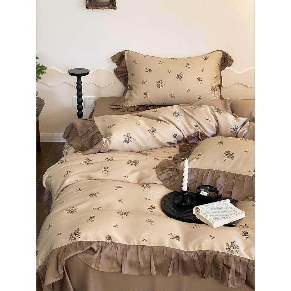 夏季清新花卉荷叶边100支天丝四件套凉爽丝滑双面凉感冰丝床品1.