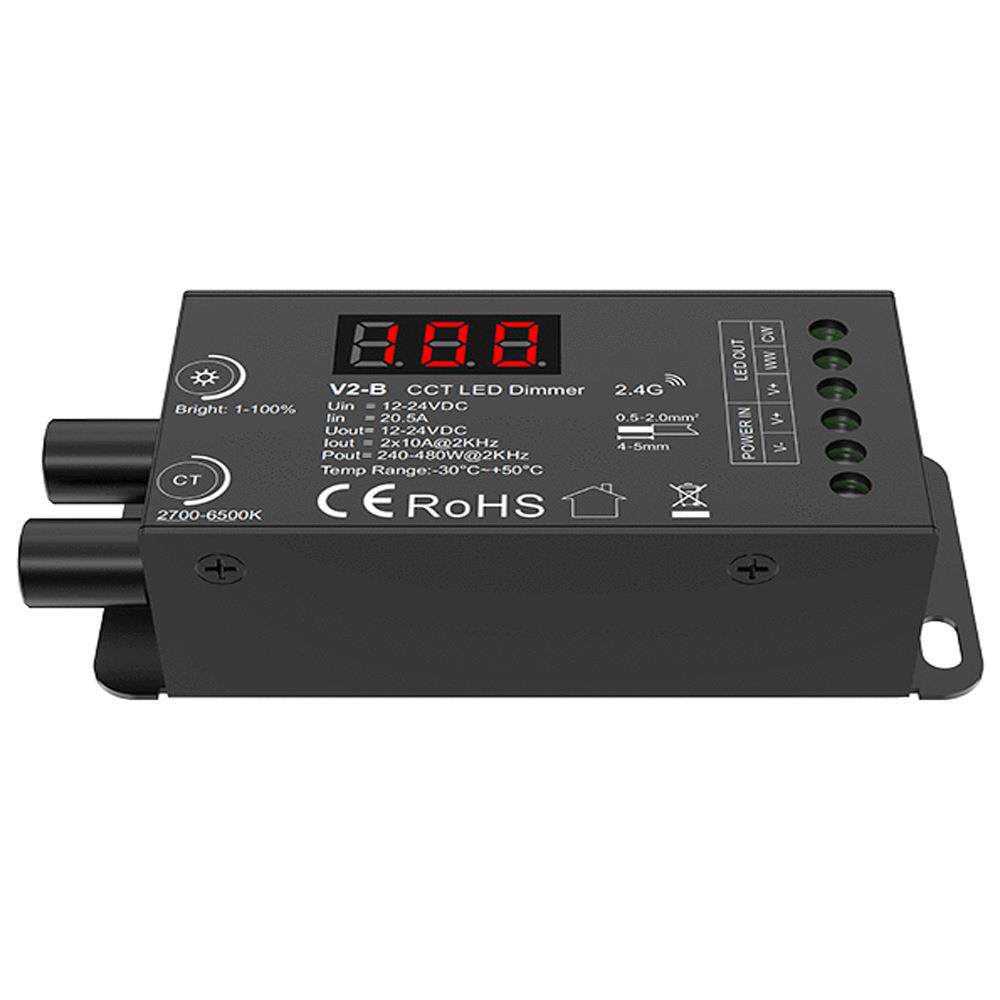 V2-B 12-24VDC480W双旋钮恒压CCT LED调光器数字显示2.4G频率可选