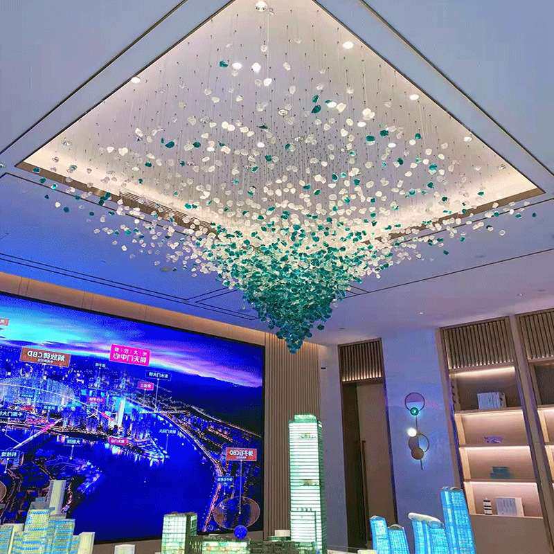售楼部石头吊灯酒店大堂宴会厅现代简约复式楼楼梯制作工程水晶灯